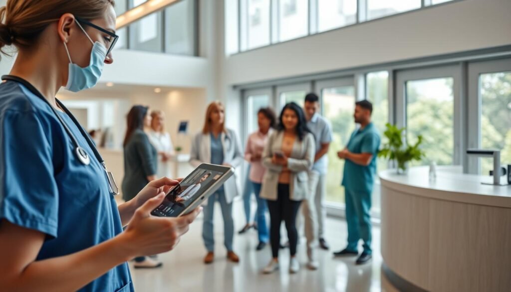 A modern outpatient surgical facility, showcasing a harmonious coordination with a daytime medical center. In the foreground, a nurse wearing professional scrubs is conducting a virtual follow-up consultation via a sleek tablet, emphasizing patient support. The middle ground features a well-organized reception area with friendly staff assisting patients, while diverse patients in modest clothing engage in discussions about post-operative care. The background presents large windows allowing natural light to flood the space, enhancing a clean, welcoming atmosphere. Soft lighting highlights the teamwork among healthcare professionals, conveying a sense of trust and preparedness. The overall mood is one of reassurance and cooperation, illustrating the effective coordination between outpatient services and daytime medical care. A modern outpatient surgical facility, showcasing a harmonious coordination with a daytime medical center. In the foreground, a nurse wearing professional scrubs is conducting a virtual follow-up consultation via a sleek tablet, emphasizing patient support. The middle ground features a well-organized reception area with friendly staff assisting patients, while diverse patients in modest clothing engage in discussions about post-operative care. The background presents large windows allowing natural light to flood the space, enhancing a clean, welcoming atmosphere. Soft lighting highlights the teamwork among healthcare professionals, conveying a sense of trust and preparedness. The overall mood is one of reassurance and cooperation, illustrating the effective coordination between outpatient services and daytime medical care.