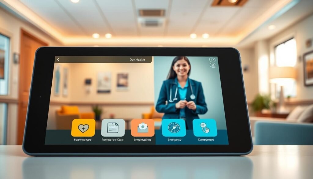 A modern, well-equipped telehealth service environment illustrating a "Day Medical Center" setting. In the foreground, a tablet displaying a healthcare app with icons for follow-up care, remote consultations, and emergency guidelines. The middle ground features a healthcare professional in business attire, attentively engaging with a patient via video call, conveying a sense of care and expert support. The background is a bright, inviting clinic space with soothing colors, medical charts, and comfortable seating, enhancing the atmosphere of safety and accessibility. Warm, natural lighting introduces a sense of reassurance and hope. The overall mood is professional yet approachable, emphasizing the importance of remote follow-up healthcare services.