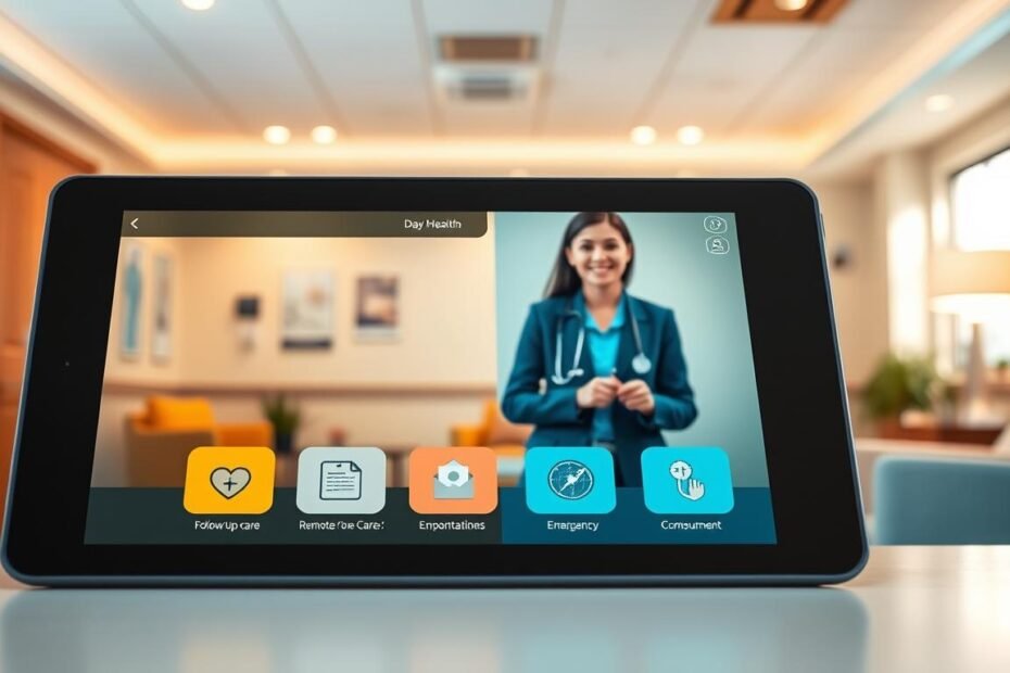 A modern, well-equipped telehealth service environment illustrating a "Day Medical Center" setting. In the foreground, a tablet displaying a healthcare app with icons for follow-up care, remote consultations, and emergency guidelines. The middle ground features a healthcare professional in business attire, attentively engaging with a patient via video call, conveying a sense of care and expert support. The background is a bright, inviting clinic space with soothing colors, medical charts, and comfortable seating, enhancing the atmosphere of safety and accessibility. Warm, natural lighting introduces a sense of reassurance and hope. The overall mood is professional yet approachable, emphasizing the importance of remote follow-up healthcare services.