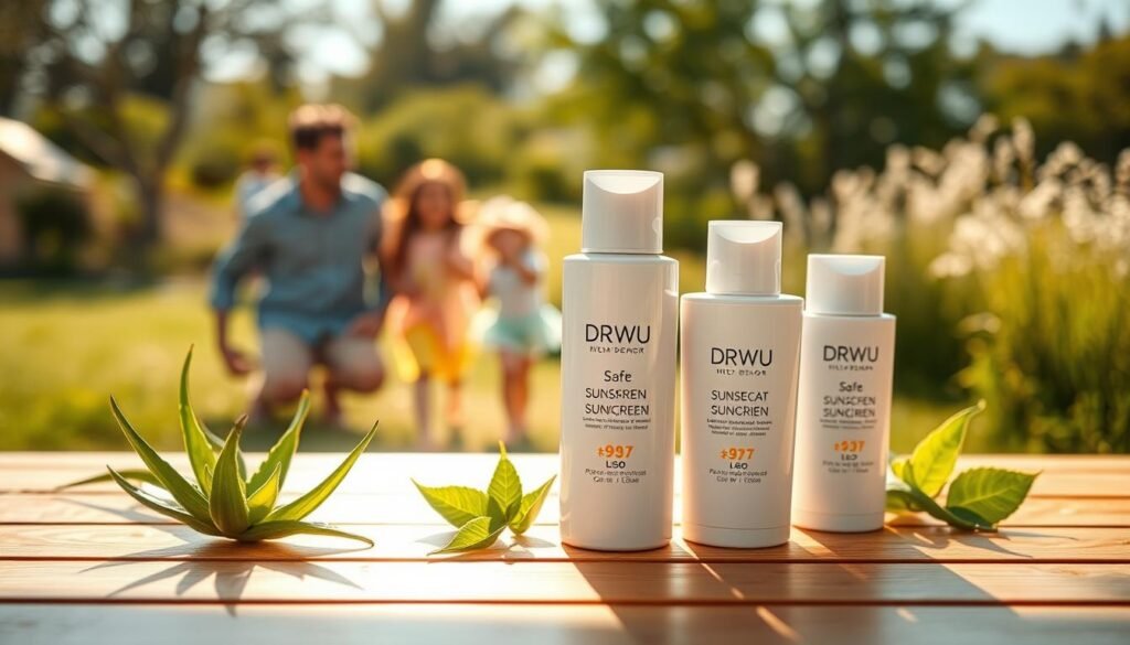 A neatly arranged display of DR.WU sunscreen products on a bright, wooden table. In the foreground, focus on an elegant bottle of DR.WU sunscreen, featuring a sleek, modern design with soft pastel colors that convey a sense of safety and care for the skin. Surrounding the bottle, include a small selection of fresh, natural ingredients like aloe vera and green tea leaves, symbolizing the product's gentle formulation. In the middle ground, showcase a sunny outdoor scene with a family playing happily in the background, reflecting a carefree day out in nature. The lighting is warm and inviting, creating a cheerful atmosphere. Capture this scene with a slight depth of field to draw attention to the sunscreen while softly blurring the background, enhancing the overall mood of protection and wellness.