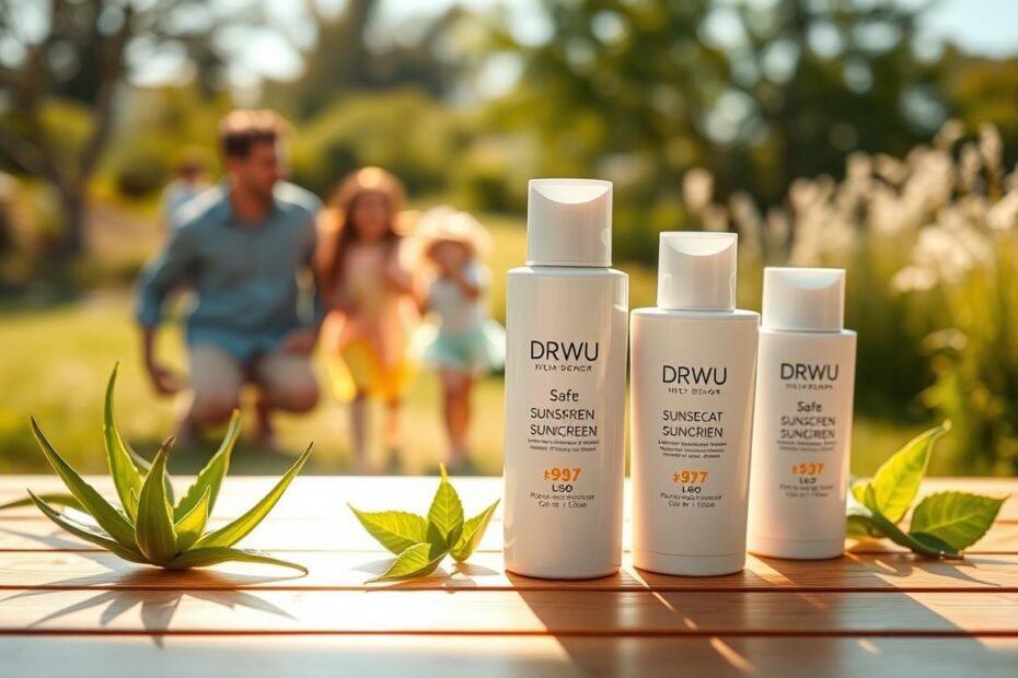 A neatly arranged display of DR.WU sunscreen products on a bright, wooden table. In the foreground, focus on an elegant bottle of DR.WU sunscreen, featuring a sleek, modern design with soft pastel colors that convey a sense of safety and care for the skin. Surrounding the bottle, include a small selection of fresh, natural ingredients like aloe vera and green tea leaves, symbolizing the product's gentle formulation. In the middle ground, showcase a sunny outdoor scene with a family playing happily in the background, reflecting a carefree day out in nature. The lighting is warm and inviting, creating a cheerful atmosphere. Capture this scene with a slight depth of field to draw attention to the sunscreen while softly blurring the background, enhancing the overall mood of protection and wellness.