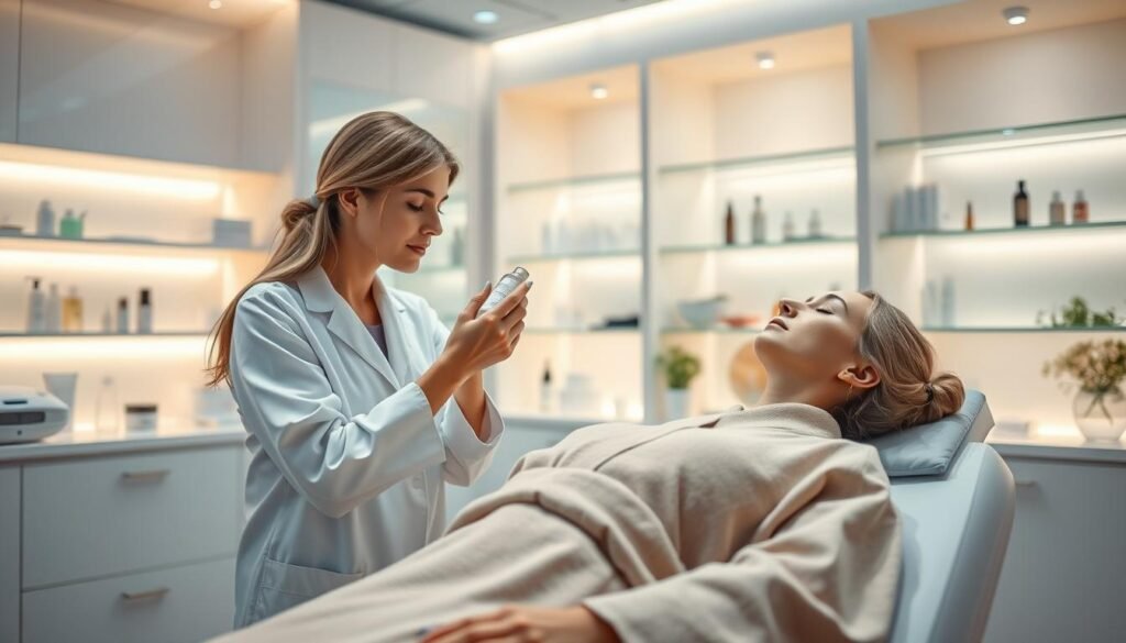 A serene, well-lit beauty clinic room showcasing a post-procedure scene for pico laser treatment aftercare. In the foreground, a calm, professional female skincare specialist in a white lab coat is gently applying a soothing serum to a patient's face, who is relaxed and wearing a comfortable, modest robe. The middle ground features an aesthetically pleasing treatment table with skincare products neatly arranged. In the background, soft-lit shelves display various skincare items, creating a tranquil atmosphere. The lighting is bright and warm, emphasizing cleanliness and professionalism. The focus is on the care and attention to detail in post-procedure aftercare, reflecting a sense of healing and rejuvenation while maintaining a clinical feel.