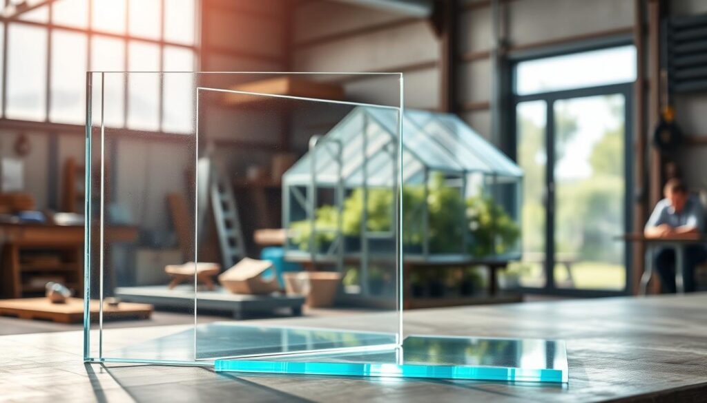 A vibrant display of flat polycarbonate sheets used in various practical applications, emphasizing their aging resistance properties. In the foreground, showcase a clear polycarbonate sheet framed against a bright, sunlit workshop environment, with reflections demonstrating its clarity and impact-resistance. The middle ground features these sheets used in diverse settings, like a greenhouse allowing sunlight while protecting plants, and an industrial installation, highlighting their durability. The background includes a subtle hint of natural scenery through a transparent window, suggesting the outdoor conditions polycarbonate must withstand. Soft diffused lighting creates an inviting atmosphere, while a shallow depth of field gently blurs the background to focus on the sheets, emphasizing their practical uses and resilience.