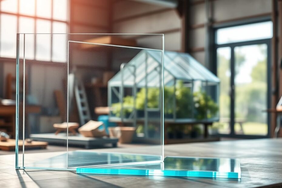 A vibrant display of flat polycarbonate sheets used in various practical applications, emphasizing their aging resistance properties. In the foreground, showcase a clear polycarbonate sheet framed against a bright, sunlit workshop environment, with reflections demonstrating its clarity and impact-resistance. The middle ground features these sheets used in diverse settings, like a greenhouse allowing sunlight while protecting plants, and an industrial installation, highlighting their durability. The background includes a subtle hint of natural scenery through a transparent window, suggesting the outdoor conditions polycarbonate must withstand. Soft diffused lighting creates an inviting atmosphere, while a shallow depth of field gently blurs the background to focus on the sheets, emphasizing their practical uses and resilience.