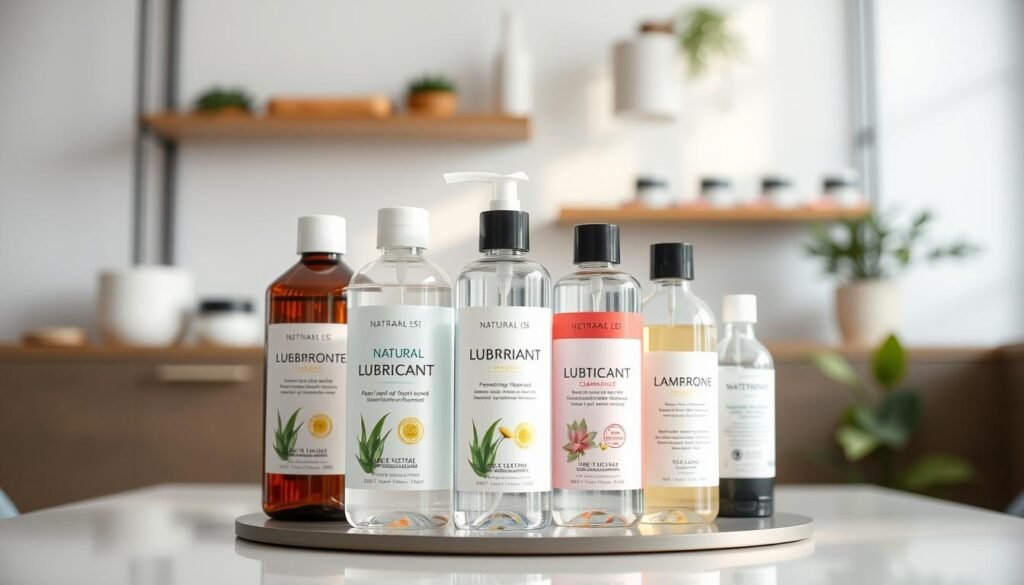 A visually informative display of various water-based lubricant products arranged on a sleek, modern table. In the foreground, focus on three distinct bottles of natural lubricant, featuring clear labels indicating their key ingredients like aloe vera and chamomile. In the middle ground, a soft, diffused light illuminates the products, creating a fresh and inviting atmosphere. In the background, a subtle, blurred shelf lined with additional lubricant options offers context without distraction. Use a neutral color palette to evoke professionalism, while ensuring the setting feels clean and safe. The composition should be dynamic yet organized, showcasing the products’ efficacy for sensitive skin, perfect for an informative article section.