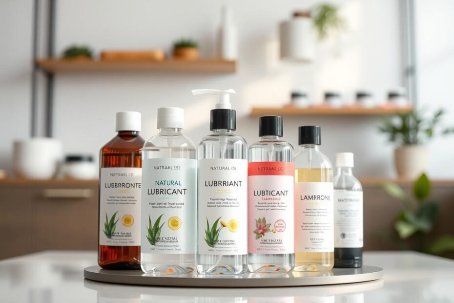 A visually informative display of various water-based lubricant products arranged on a sleek, modern table. In the foreground, focus on three distinct bottles of natural lubricant, featuring clear labels indicating their key ingredients like aloe vera and chamomile. In the middle ground, a soft, diffused light illuminates the products, creating a fresh and inviting atmosphere. In the background, a subtle, blurred shelf lined with additional lubricant options offers context without distraction. Use a neutral color palette to evoke professionalism, while ensuring the setting feels clean and safe. The composition should be dynamic yet organized, showcasing the products’ efficacy for sensitive skin, perfect for an informative article section.