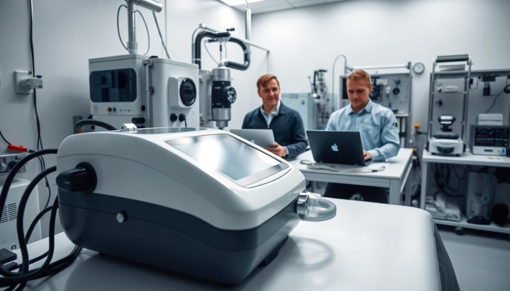 A highly detailed and professional scientific testing environment for a sleep respirator safety test. In the foreground, a sleek, state-of-the-art sleep apnea machine is prominently displayed on a clean, white testing table, with attached monitoring devices. In the middle ground, two engineers in professional attire are intently analyzing data on laptops, focused on ensuring compliance with safety standards. In the background, a well-lit lab filled with equipment for testing and measuring air pressure, humidity, and sound levels, showcasing a sterile and organized atmosphere. Soft, natural lighting enhances the clarity of the scene, creating a serious yet calm mood. The angle is slightly above eye-level, capturing the intricate details of the machinery while framing the engineers’ concentrated expressions.