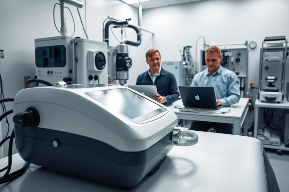 A highly detailed and professional scientific testing environment for a sleep respirator safety test. In the foreground, a sleek, state-of-the-art sleep apnea machine is prominently displayed on a clean, white testing table, with attached monitoring devices. In the middle ground, two engineers in professional attire are intently analyzing data on laptops, focused on ensuring compliance with safety standards. In the background, a well-lit lab filled with equipment for testing and measuring air pressure, humidity, and sound levels, showcasing a sterile and organized atmosphere. Soft, natural lighting enhances the clarity of the scene, creating a serious yet calm mood. The angle is slightly above eye-level, capturing the intricate details of the machinery while framing the engineers’ concentrated expressions.