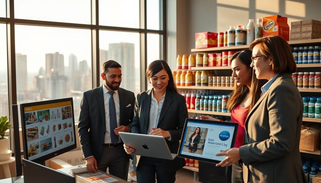 A professional and modern office setting showcasing the convenience of American purchasing services. In the foreground, a diverse group of three business people—two in smart business attire and one in casual professional clothing—are engaged in discussion while examining a laptop and product images on a screen. In the middle ground, shelves are stocked with various popular American products, highlighting the efficiency of cross-border orders. The background features a large window with views of a city skyline, bathed in warm afternoon sunlight that casts soft shadows. The atmosphere is busy yet organized, conveying a sense of professionalism and connectivity in global commerce.