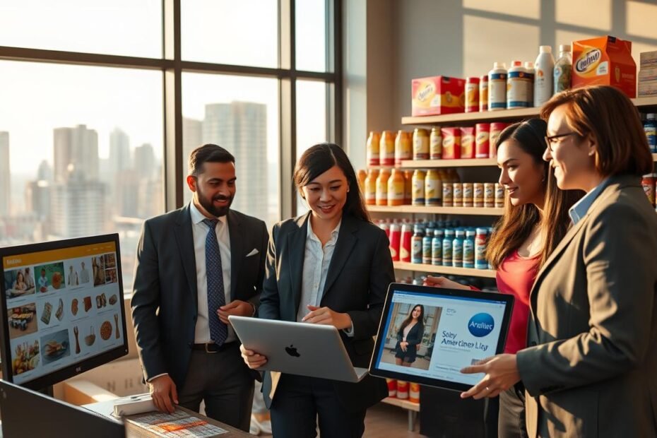 A professional and modern office setting showcasing the convenience of American purchasing services. In the foreground, a diverse group of three business people—two in smart business attire and one in casual professional clothing—are engaged in discussion while examining a laptop and product images on a screen. In the middle ground, shelves are stocked with various popular American products, highlighting the efficiency of cross-border orders. The background features a large window with views of a city skyline, bathed in warm afternoon sunlight that casts soft shadows. The atmosphere is busy yet organized, conveying a sense of professionalism and connectivity in global commerce.