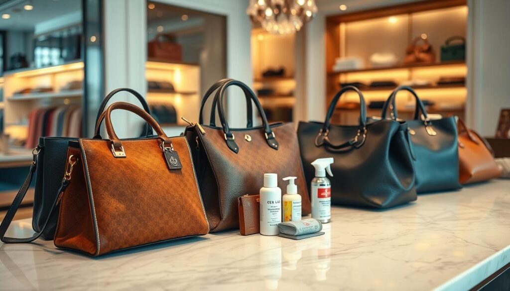 A stylish and elegant display of various luxury handbags, neatly arranged on a polished marble countertop. In the foreground, showcase a few high-end bags in rich textures like leather and suede, featuring distinctive designs from well-known brands. In the middle, include accessories such as handbag organizers and cleaning kits, emphasizing their importance in maintenance. The background should feature a softly blurred boutique setting, with warm, inviting lighting that highlights the details of the handbags. The atmosphere should feel sophisticated and chic, evoking a sense of luxury and care. Use a slightly elevated angle to capture the depth of the arrangement, making the bags appear prominent and enticing.