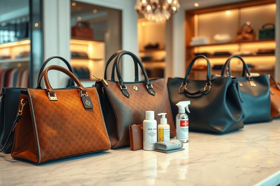 A stylish and elegant display of various luxury handbags, neatly arranged on a polished marble countertop. In the foreground, showcase a few high-end bags in rich textures like leather and suede, featuring distinctive designs from well-known brands. In the middle, include accessories such as handbag organizers and cleaning kits, emphasizing their importance in maintenance. The background should feature a softly blurred boutique setting, with warm, inviting lighting that highlights the details of the handbags. The atmosphere should feel sophisticated and chic, evoking a sense of luxury and care. Use a slightly elevated angle to capture the depth of the arrangement, making the bags appear prominent and enticing.