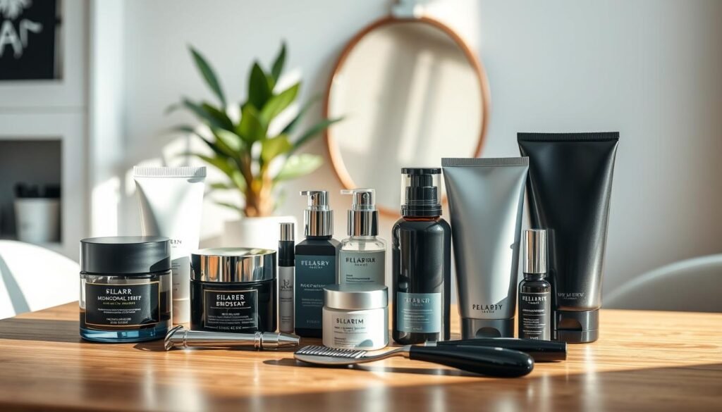 A well-organized display of high-quality men’s skincare products prominently featured on a sleek wooden table in a softly lit room. In the foreground, there are various skincare items like moisturizers, serums, and facial washes, elegantly arranged with a few stylish grooming tools such as a comb and razor. The middle section includes a polished mirror reflecting the products to emphasize their importance in men's grooming routines. In the background, there are subtle hints of greenery from a nearby potted plant, contributing to a fresh, inviting atmosphere. Warm, natural lighting casts gentle shadows, creating a relaxed and professional vibe, suitable for a discerning audience interested in reliable American purchasing services for men's grooming essentials. The angle captures the products in an appealing perspective, drawing the viewer's eye to the details and quality of each item.