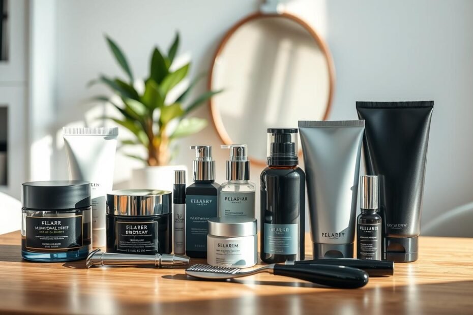 A well-organized display of high-quality men’s skincare products prominently featured on a sleek wooden table in a softly lit room. In the foreground, there are various skincare items like moisturizers, serums, and facial washes, elegantly arranged with a few stylish grooming tools such as a comb and razor. The middle section includes a polished mirror reflecting the products to emphasize their importance in men's grooming routines. In the background, there are subtle hints of greenery from a nearby potted plant, contributing to a fresh, inviting atmosphere. Warm, natural lighting casts gentle shadows, creating a relaxed and professional vibe, suitable for a discerning audience interested in reliable American purchasing services for men's grooming essentials. The angle captures the products in an appealing perspective, drawing the viewer's eye to the details and quality of each item.