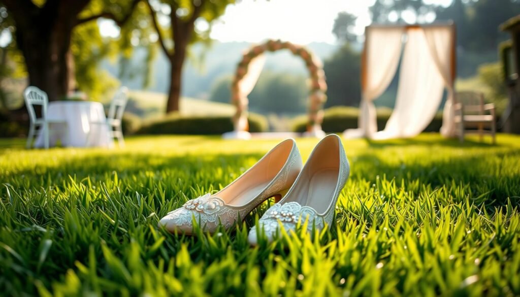 A beautifully designed pair of affordable wedding shoes is showcased on soft, lush green grass, emphasizing their suitability for an outdoor wedding venue. The shoes, adorned with delicate lace and elegant embellishments, reflect both style and practicality with a focus on a non-slip sole for stability. In the foreground, the shoes are placed on a bed of vibrant grass with gentle sunlight filtering through nearby trees, casting soft shadows. In the middle ground, hints of floral arrangements and soft drapery enhance the wedding theme. The background features a dreamy, blurred landscape of a picturesque garden setting. The mood is romantic and serene, perfect for illustrating wedding preparations. The image is captured with a warm, soft focus to evoke a sense of elegance and whimsy without any text or distractions.