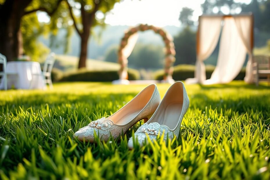 A beautifully designed pair of affordable wedding shoes is showcased on soft, lush green grass, emphasizing their suitability for an outdoor wedding venue. The shoes, adorned with delicate lace and elegant embellishments, reflect both style and practicality with a focus on a non-slip sole for stability. In the foreground, the shoes are placed on a bed of vibrant grass with gentle sunlight filtering through nearby trees, casting soft shadows. In the middle ground, hints of floral arrangements and soft drapery enhance the wedding theme. The background features a dreamy, blurred landscape of a picturesque garden setting. The mood is romantic and serene, perfect for illustrating wedding preparations. The image is captured with a warm, soft focus to evoke a sense of elegance and whimsy without any text or distractions.