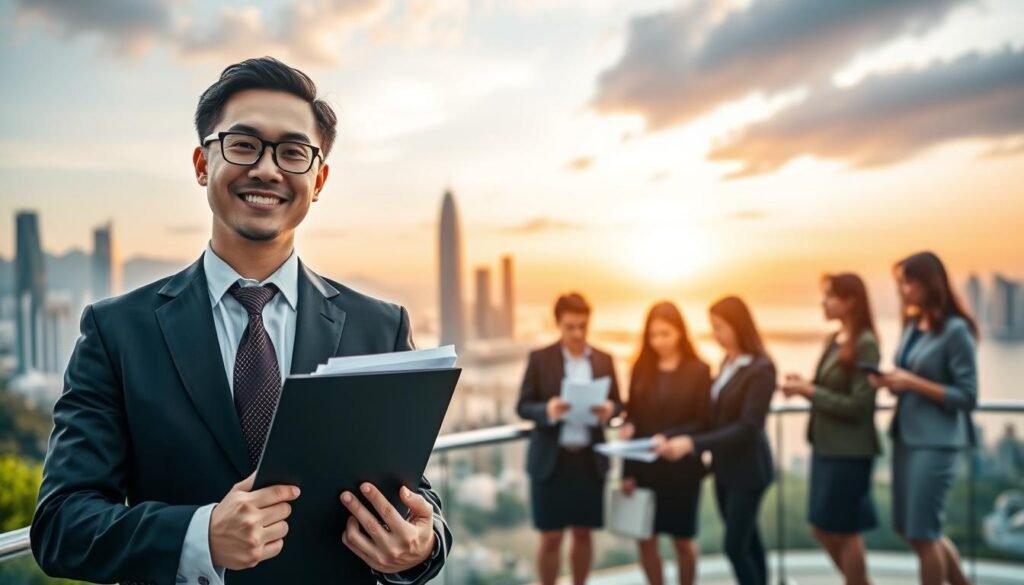 A professional setting that symbolizes success in the Hong Kong Quality Migrant Admission Scheme. In the foreground, a confident business professional in formal attire, holding an application folder, exudes determination and optimism. In the middle ground, a group of diverse individuals, also in business attire, discuss and analyze documents with visible expressions of collaboration and ambition. Background features a panoramic view of Hong Kong's skyline, showcasing sleek skyscrapers and an iconic harbor at sunset, casting a warm, golden glow over the scene. Soft natural lighting enhances the professional atmosphere, while a slight lens blur focuses on the subjects. The overall mood is one of hope, achievement, and the opportunities rising through the Quality Migrant Admission Scheme.