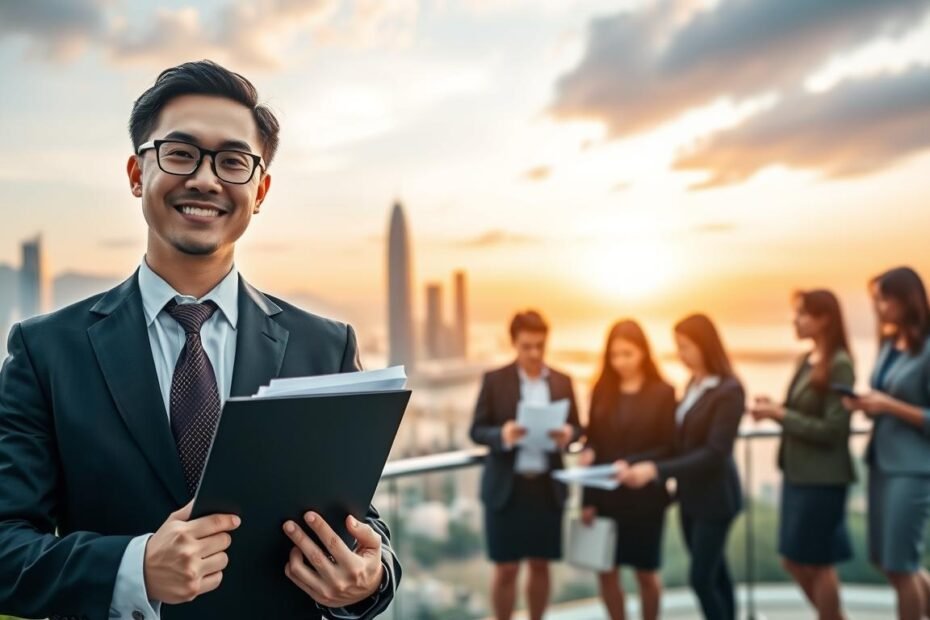 A professional setting that symbolizes success in the Hong Kong Quality Migrant Admission Scheme. In the foreground, a confident business professional in formal attire, holding an application folder, exudes determination and optimism. In the middle ground, a group of diverse individuals, also in business attire, discuss and analyze documents with visible expressions of collaboration and ambition. Background features a panoramic view of Hong Kong's skyline, showcasing sleek skyscrapers and an iconic harbor at sunset, casting a warm, golden glow over the scene. Soft natural lighting enhances the professional atmosphere, while a slight lens blur focuses on the subjects. The overall mood is one of hope, achievement, and the opportunities rising through the Quality Migrant Admission Scheme.