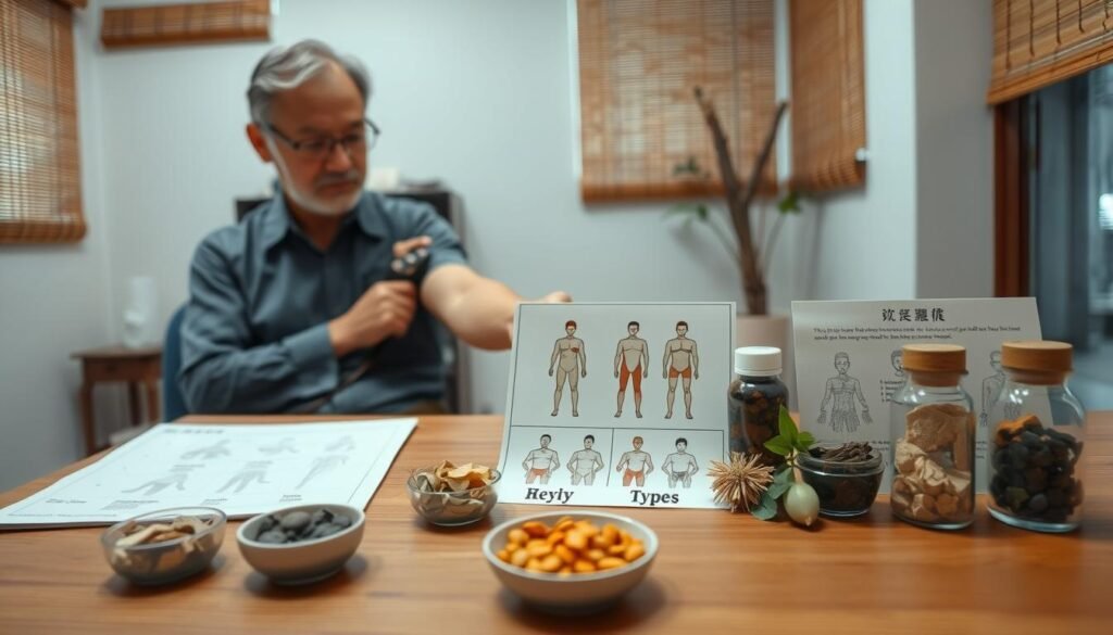 A serene and informative scene depicting Traditional Chinese Medicine (TCM) analysis of eczema, focusing on individual body types. In the foreground, a professional TCM practitioner, dressed in modest casual clothing, is examining a patient’s pulse with focused attention. The middle ground showcases an array of herbal remedies and diagrams illustrating different body types and their relation to eczema, arranged meticulously on a wooden table. In the background, a tranquil clinic environment is visible, with soft, natural lighting filtering through bamboo blinds, highlighting the calming atmosphere. The mood is reflective and educational, conveying the importance of understanding physical constitution in treating eczema in Hong Kong. The perspective is slightly elevated, capturing both the practitioner and the detailed setup, inviting the viewer into this holistic approach.