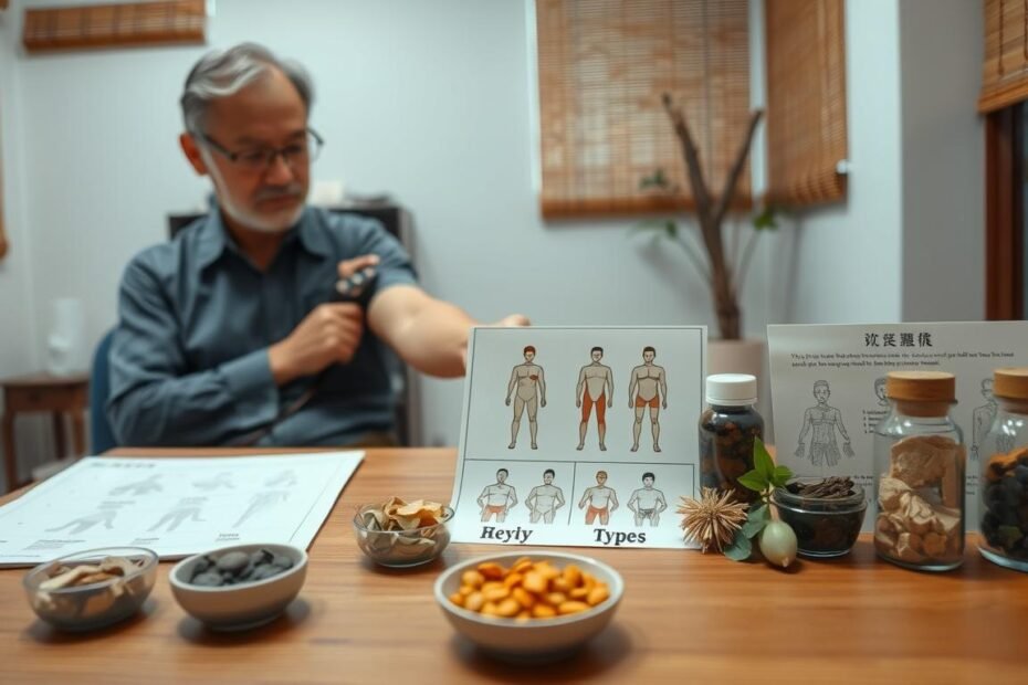 A serene and informative scene depicting Traditional Chinese Medicine (TCM) analysis of eczema, focusing on individual body types. In the foreground, a professional TCM practitioner, dressed in modest casual clothing, is examining a patient’s pulse with focused attention. The middle ground showcases an array of herbal remedies and diagrams illustrating different body types and their relation to eczema, arranged meticulously on a wooden table. In the background, a tranquil clinic environment is visible, with soft, natural lighting filtering through bamboo blinds, highlighting the calming atmosphere. The mood is reflective and educational, conveying the importance of understanding physical constitution in treating eczema in Hong Kong. The perspective is slightly elevated, capturing both the practitioner and the detailed setup, inviting the viewer into this holistic approach.